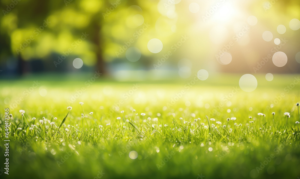 Obraz premium Fresh lush green grass on meadow with drops of water dew.