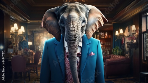  an elephant in a suit and tie standing in a room.  generative ai © Shanti