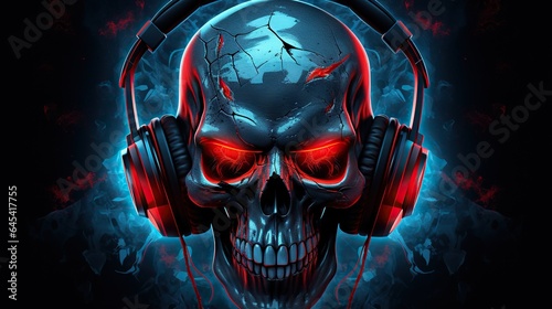  a skull wearing headphones and glowing red eyes with a dark background. generative ai
