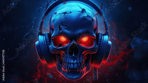  a skull wearing headphones with glowing eyes and a skull face. generative ai