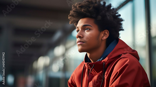 copy space, a closeup photo portrait of handsome afro american teenage guy sitting on a bench on the railway platform.  Waiting for the train to arrive. Travel photo.
