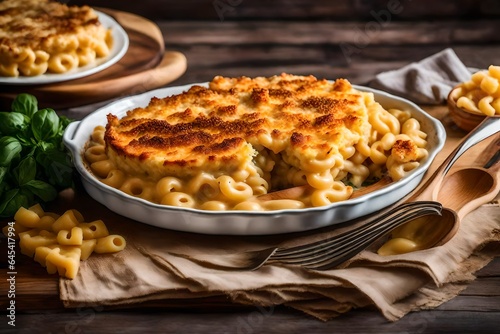 A perfect image of a plate of creamy and cheesy baked macaroni and cheese - AI Generative