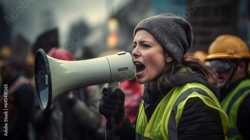 Young woman holding a megaphone in her hands, and shouting during a protest manifestation. People demonstrating in the background. Demonstration. Protest.