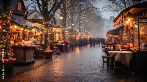 a Christmas market in wet weather