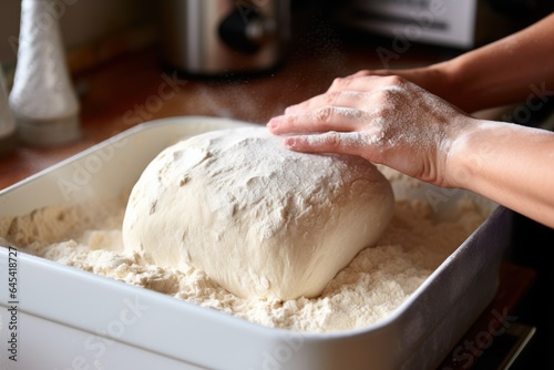 The cook's hands knead the dough.