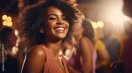 Beautiful african woman dancing at gala event. Female in evening dress enjoying dancing at party with friends around.