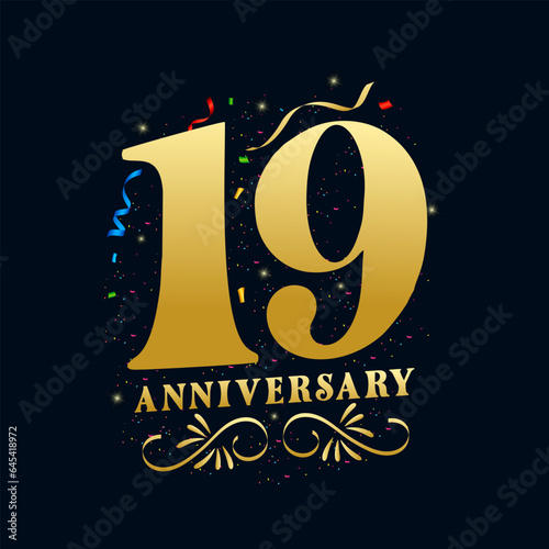 19 Anniversary luxurious Golden color 19 Years Anniversary Celebration Logo Design Template