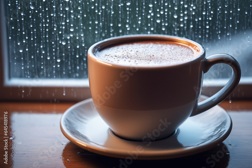 A ceramic cup of hot cocoa placed beside a window  rain droplets visible on the glass