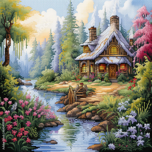 Cross stitch pattern. Cross stitching embroidery with rustic landscape of an old house over a river and a blooming garden. Picturesque landscape illustration as a template for a cross stitching scheme photo