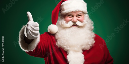 Santa Claus giving thumb up. Green background. Ai generative