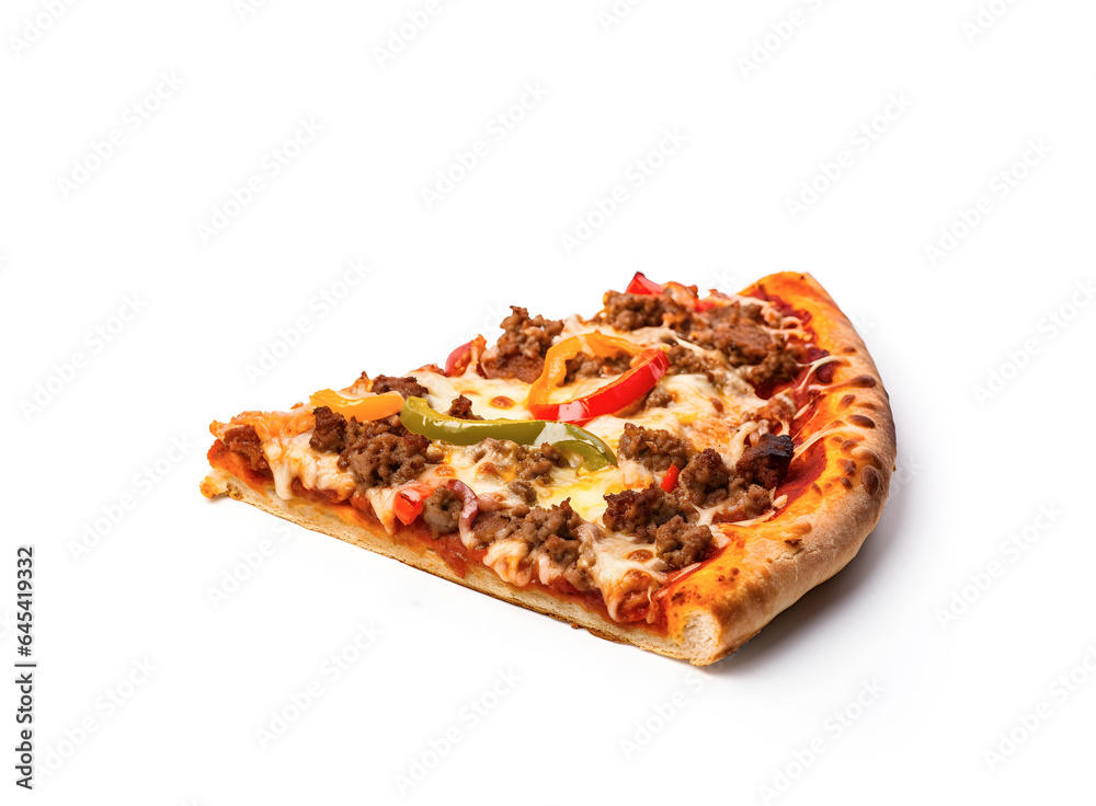 A Slice Of Delicious Crispy Pizza With Meat And Cheese Isolated On White Background A Slice Of Delicious Crispy Pizza With Meat And Cheese Isolated On White Background
