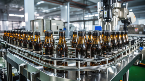 Glass bottles of beer. Concept brewery plant production line.