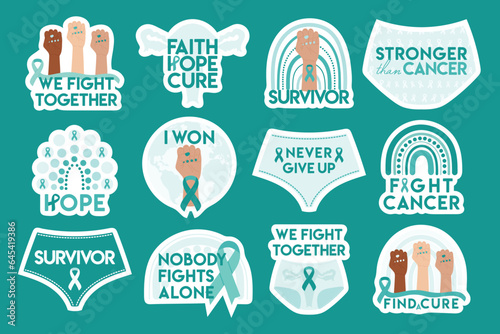 Set of stickers for Ovarian and Cervical Cancer Awareness Month. Teal and white ovarian cancer ribbons, panties and rainbow. We fight together, survivor phrase. Hand drawn illustration