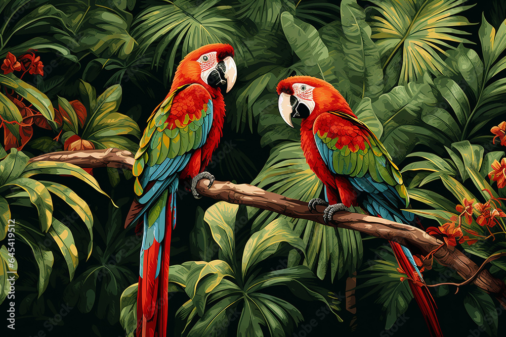 custom made wallpaper toronto digitalEmbroidery of tropical birds in jungle. Cross stitch pattern. Cross stitching illustration of ara parrots in jungle with exotic plants as template for cross stitching scheme