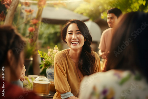 Senior Asian women enjoy lively conversations and laughter celebrating togetherness and friendship  savoring food and coffee in a beautiful garden cafe 