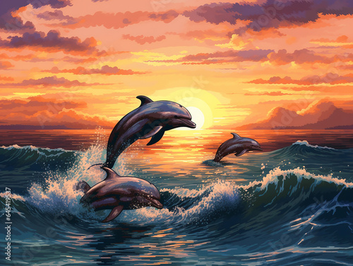 Dolphin embroidery. Cross stitch pattern. Cross stitching illustration of dolpings swiming in the ocean at the sunset, picturesque ocean landscape with dolphins as template for cross stitching scheme