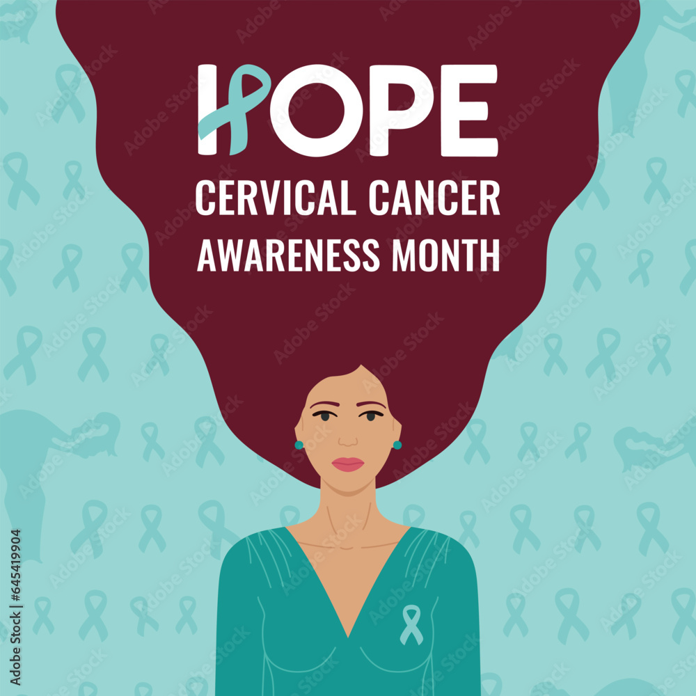 Cervical Cancer Awareness Month. Hope phrase. Woman with teal ribbon on chest with lettering on hair. Cancer prevention, women health care vector illustration