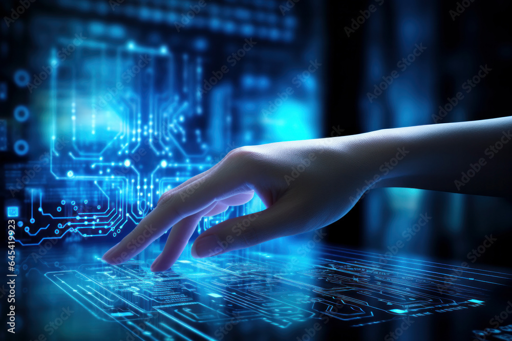 man's hand in digital, IoT, AI chatbot technology, smart devices, VPN cybersecurity, futuristic internet. Unleash the power of technology, sleek abstract background, blue circuitry pattern