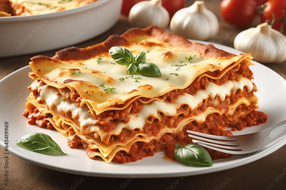 Platter of homemade lasagna with a side of garlic bread Platter of homemade lasagna with a side of garlic bread