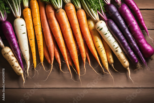 A colorful assortment of root vegetables arranged on a wooden table