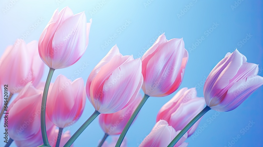 a bunch of pink tulips with a blue background.  generative ai