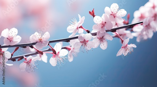  a branch with white and pink flowers against a blue sky.  generative ai