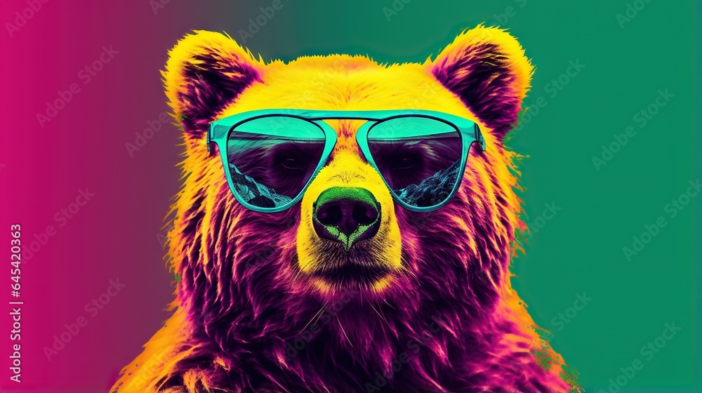  a bear with sunglasses on its head and a green background.  generative ai