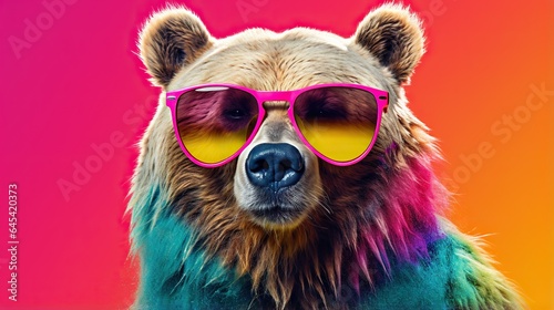  a bear with sunglasses on its head and a pink background. generative ai