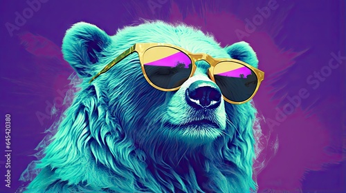  a blue bear with sunglasses on its head and a purple background.  generative ai © Shanti