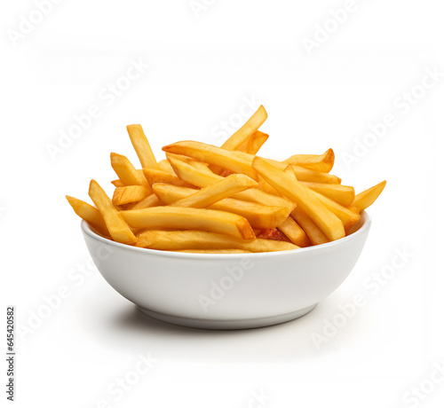 A White Bowl Of Crispy French Fries Isolated On White Background