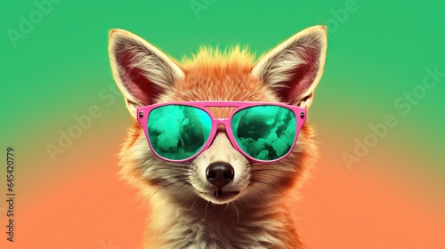  a dog wearing pink sunglasses with a green background and a pink background. generative ai