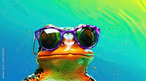  a frog wearing purple sunglasses and a green background with a splash of water. generative ai