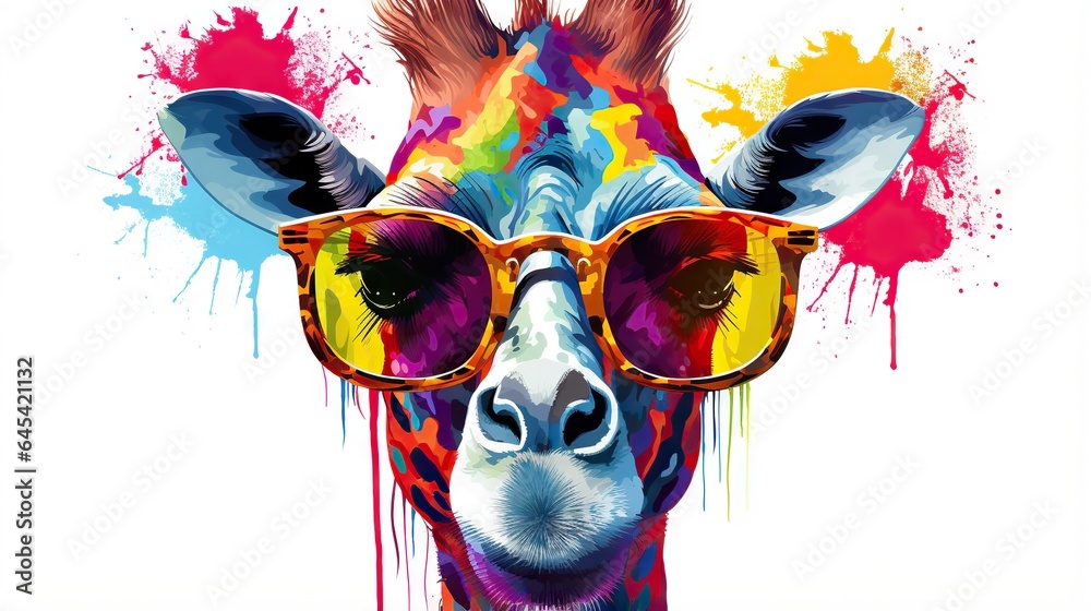 Fototapeta premium a giraffe wearing sunglasses with a splash of paint on it. generative ai