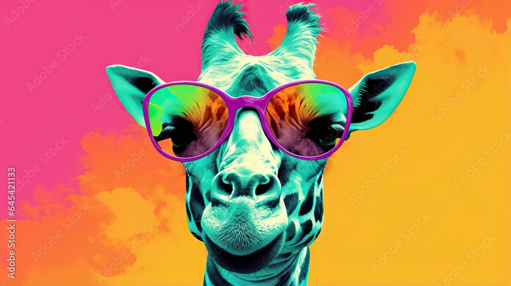  a giraffe wearing sunglasses with a pink sky in the background.  generative ai