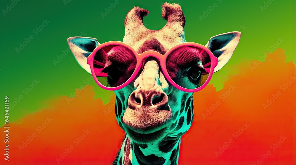  a giraffe wearing pink sunglasses and a green background.  generative ai