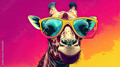  a giraffe with sunglasses on its head and a pink background. generative ai
