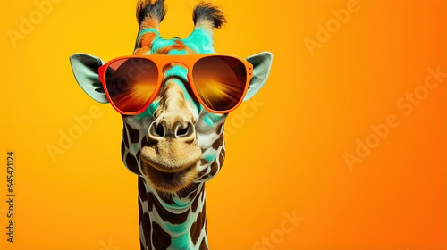  a giraffe with sunglasses on its head and a yellow background.  generative ai