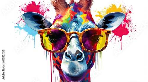  a giraffe wearing sunglasses with a splash of paint on it. generative ai