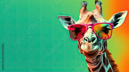  a giraffe wearing pink sunglasses with a green background.  generative ai