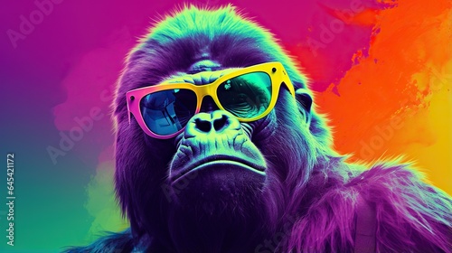  a gorilla with sunglasses on its face and a colorful background.  generative ai © Shanti