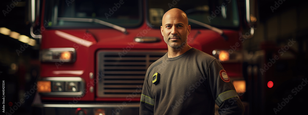 Firefighter portrait on duty. Photo of fireman near fire engine