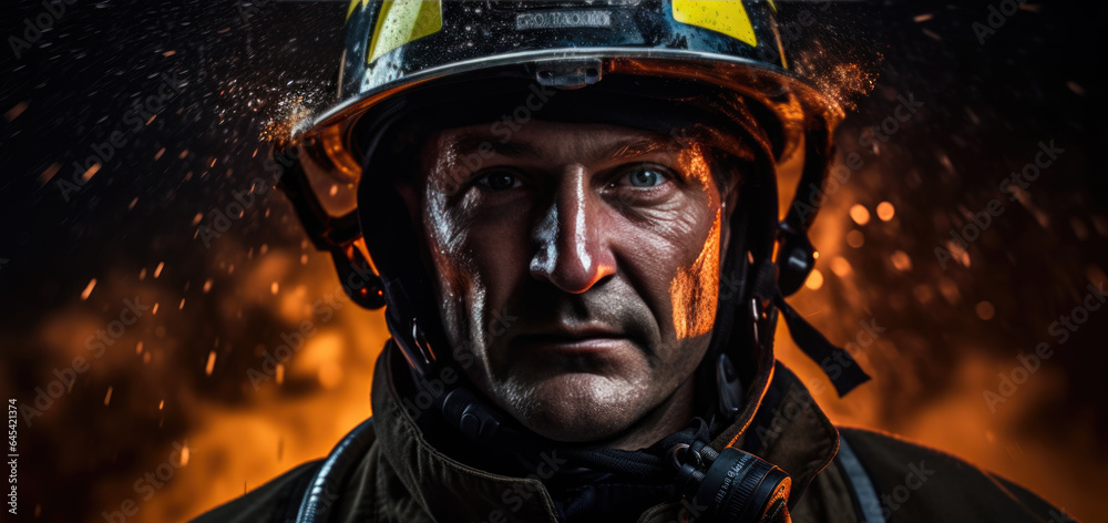 Portrait of a male firefighter in equipment against the background of a burning fire