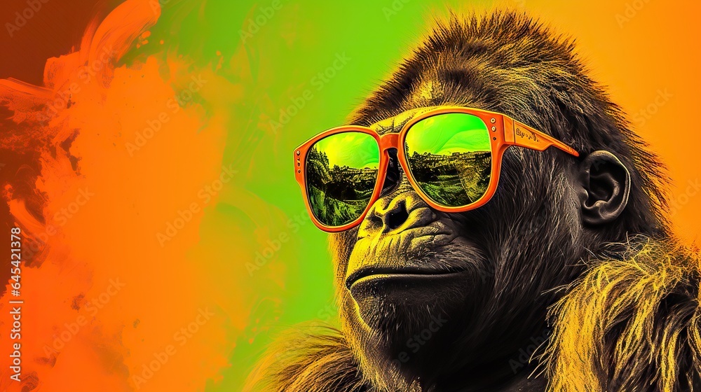  a monkey wearing sunglasses and a jacket with a green and orange background.  generative ai