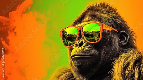  a monkey wearing sunglasses and a jacket with a green and orange background.  generative ai © Shanti