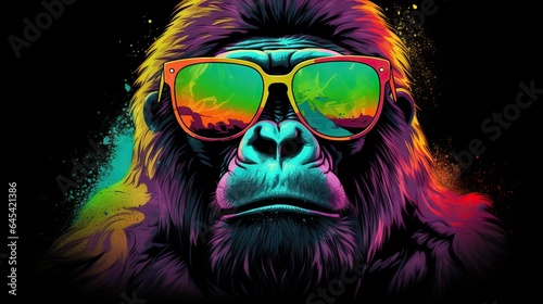  a gorilla wearing sunglasses with a colorful background and a splash of paint. generative ai