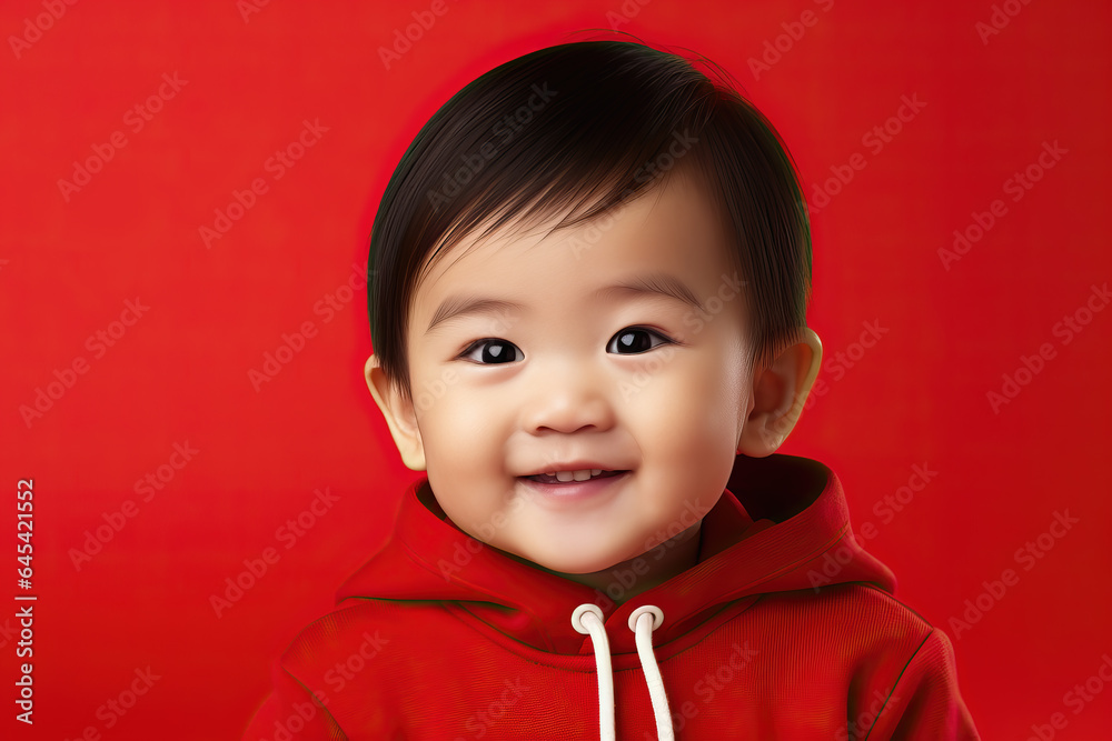portrait of cute asian toddler on red background, ai generated portrait of cute asian toddler on red background, ai generated