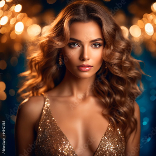 Portrait of gorgeous woman in dress with abstract gold background.