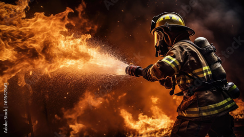 Portrait of a firefighter in equipment. Firemen using water from hose for fire fighting. photo
