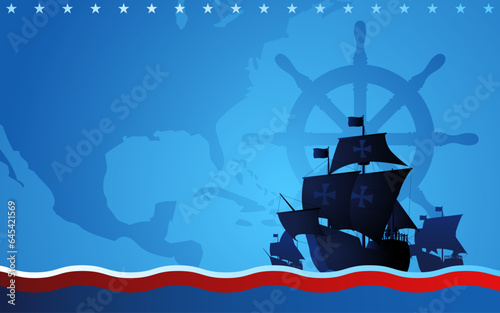 Columbus ship, La Santa Maria, Pinta and Nina sailing across the vast ocean on blue background. It symbolises historical exploration and the spirit to discover new world