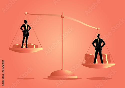 Businessman and businesswoman stand on a golden scale, conveys the disparity in salary, with the businessman appearing heavier. Sparks discussions on gender pay gaps and workplace inequality